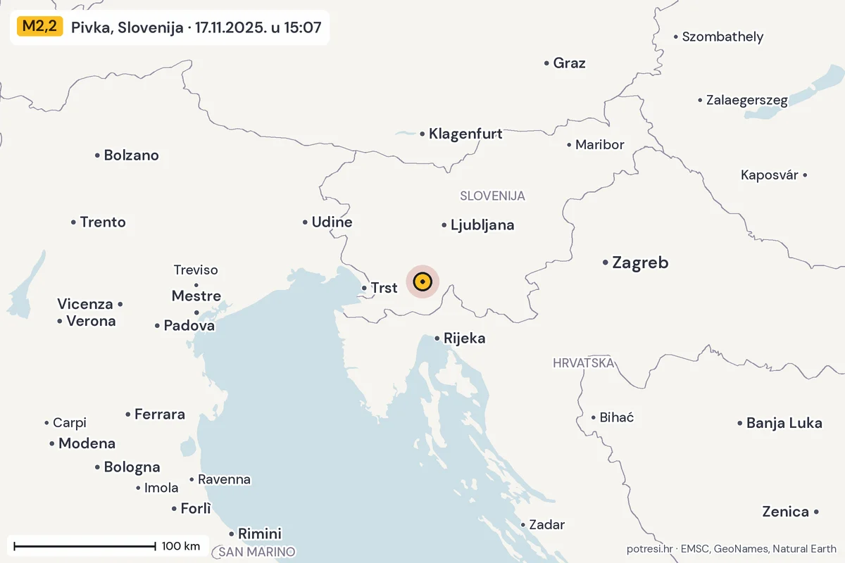 Karta: šire područje, 600 km, potres M2,2, Pivka, Slovenija, 17.11.2025.
