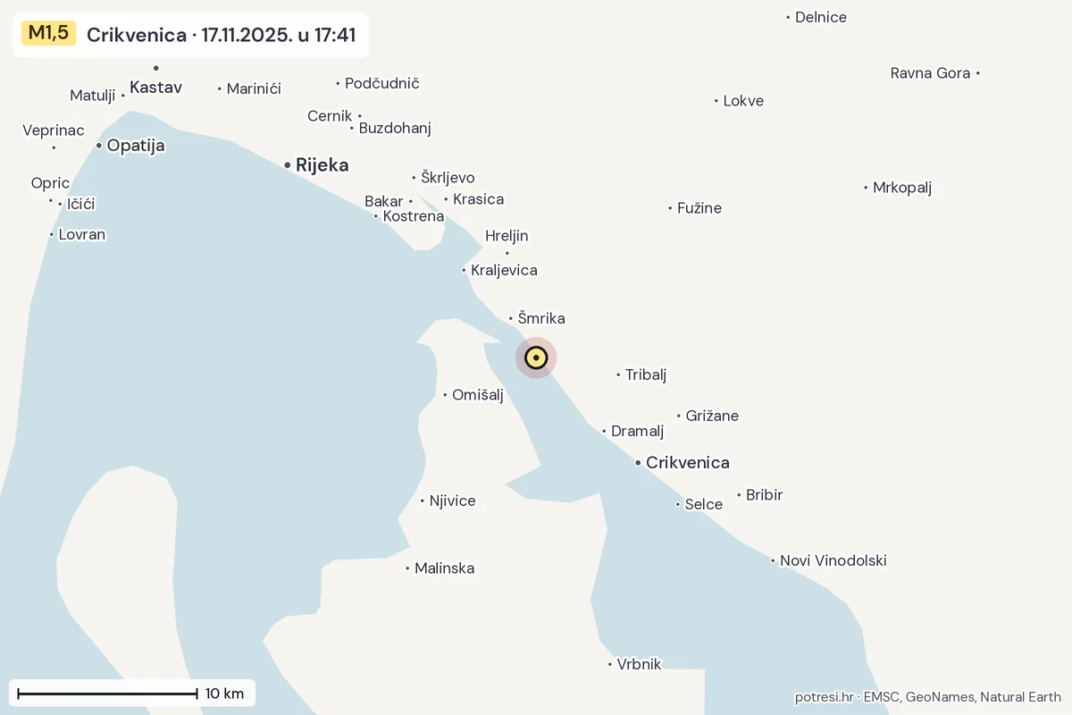 Karta: okolica epicentra, 60 km, potres M1,5, Crikvenica, 17.11.2025.