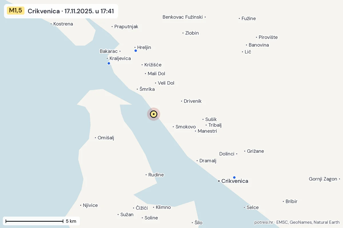 Karta: izvješća građana, potres M1,5, Crikvenica, 17.11.2025.