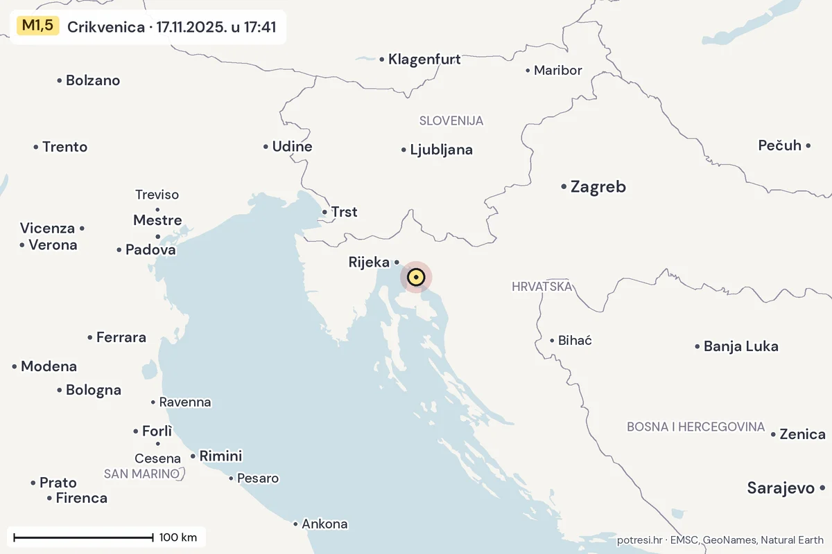 Karta: šire područje, 600 km, potres M1,5, Crikvenica, 17.11.2025.