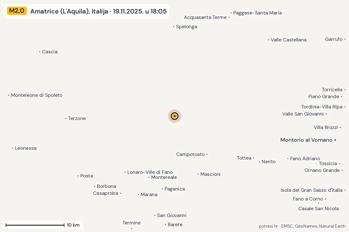 Karta: okolica epicentra, 60 km, potres M2,0, Amatrice (L'Aquila), Italija, 19.11.2025.