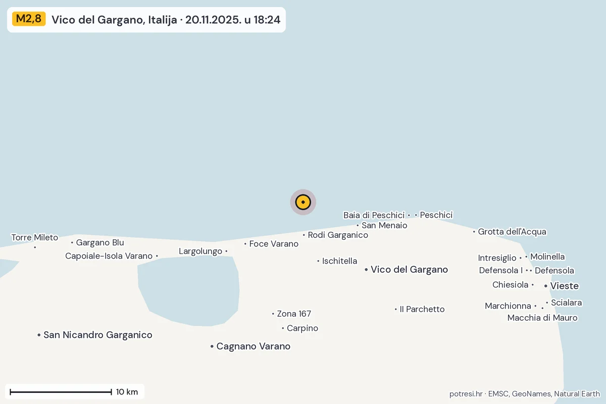 Karta: okolica epicentra, 60 km, potres M2,8, Vico del Gargano, Italija, 20.11.2025.