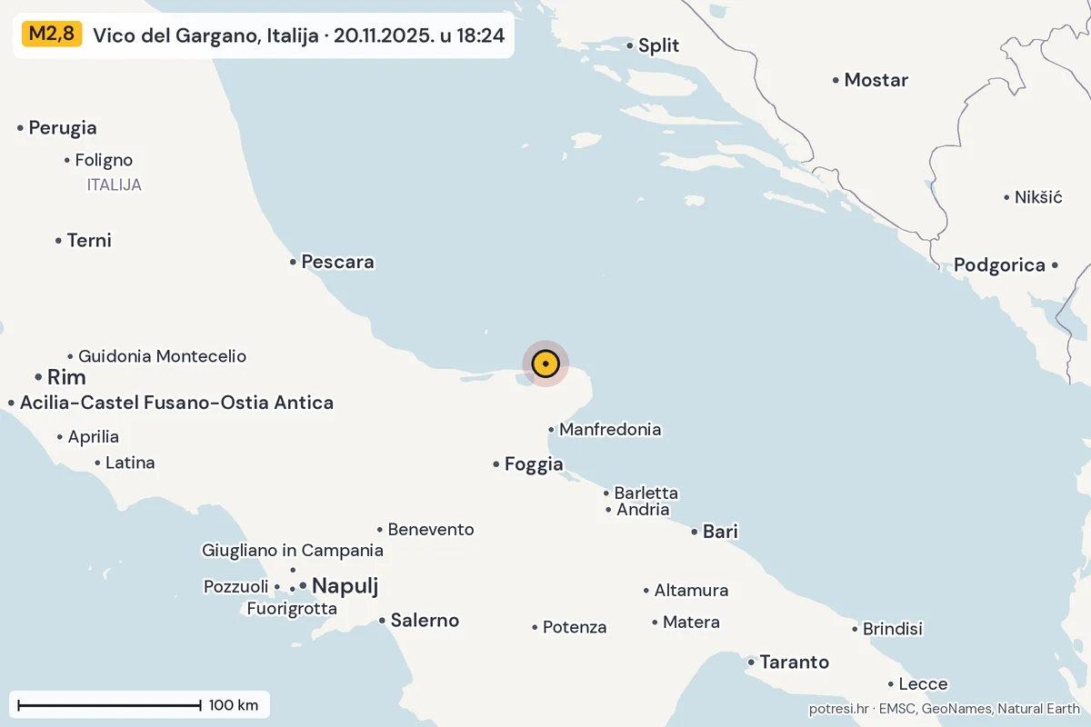 Karta: šire područje, 600 km, potres M2,8, Vico del Gargano, Italija, 20.11.2025.