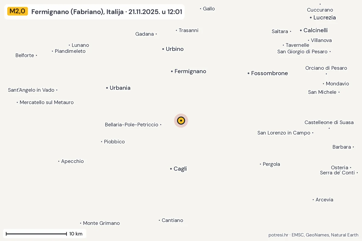 Karta: okolica epicentra, 60 km, potres M2,0, Fermignano (Fabriano), Italija, 21.11.2025.