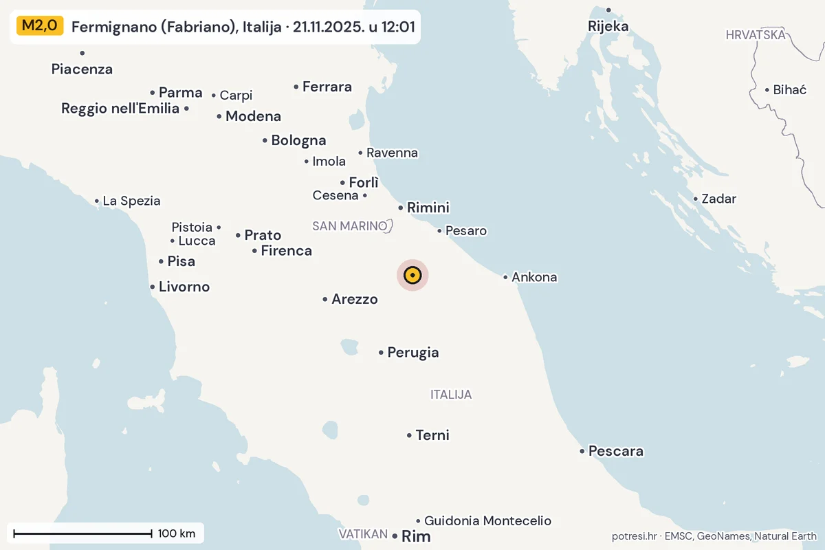 Karta: šire područje, 600 km, potres M2,0, Fermignano (Fabriano), Italija, 21.11.2025.