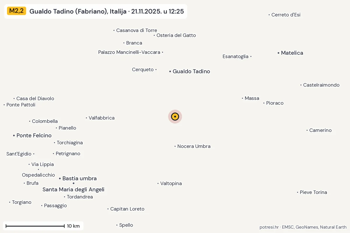 Karta: okolica epicentra, 60 km, potres M2,2, Gualdo Tadino (Fabriano), Italija, 21.11.2025.