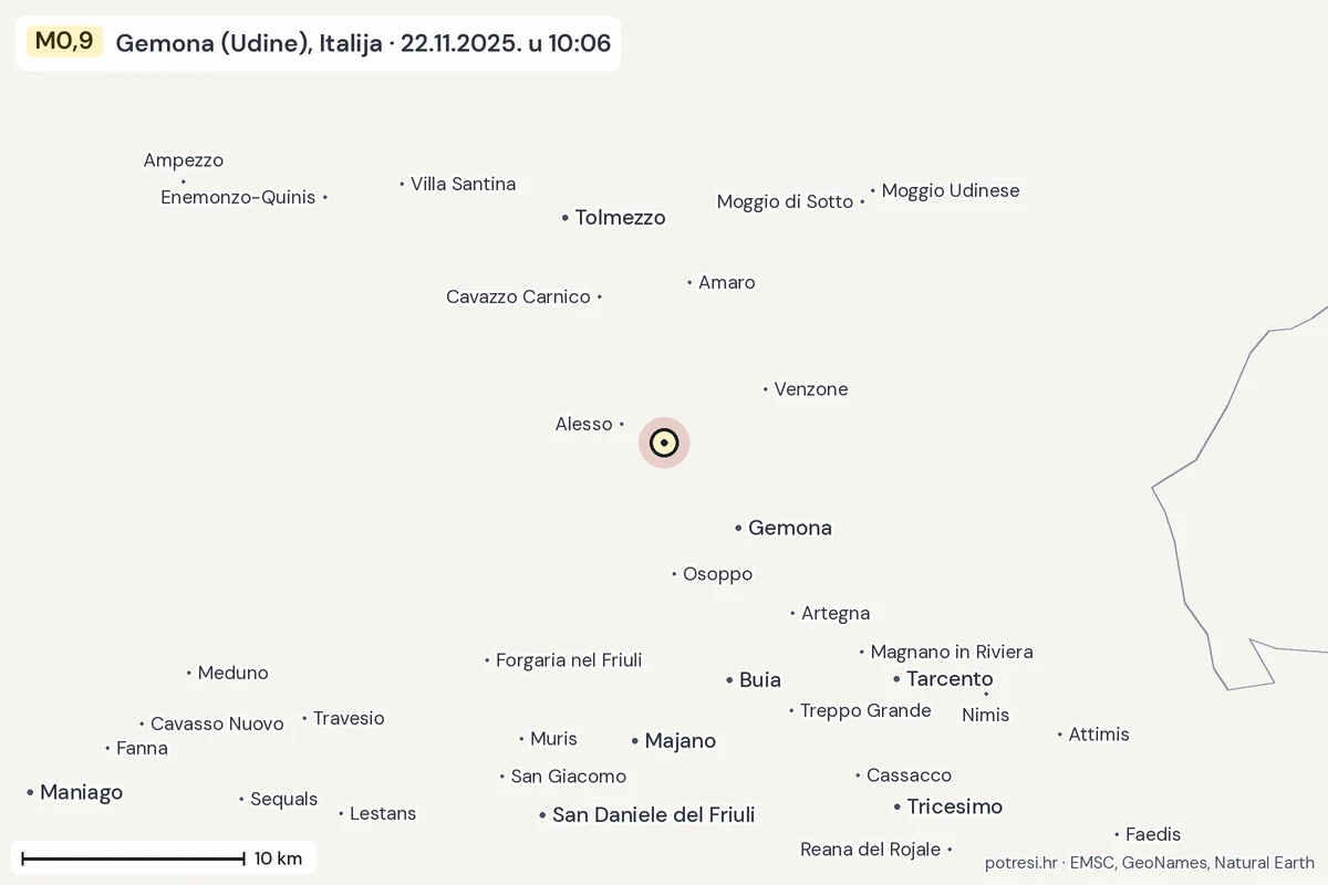 Karta: okolica epicentra, 60 km, potres M0,9, Gemona (Udine), Italija, 22.11.2025.