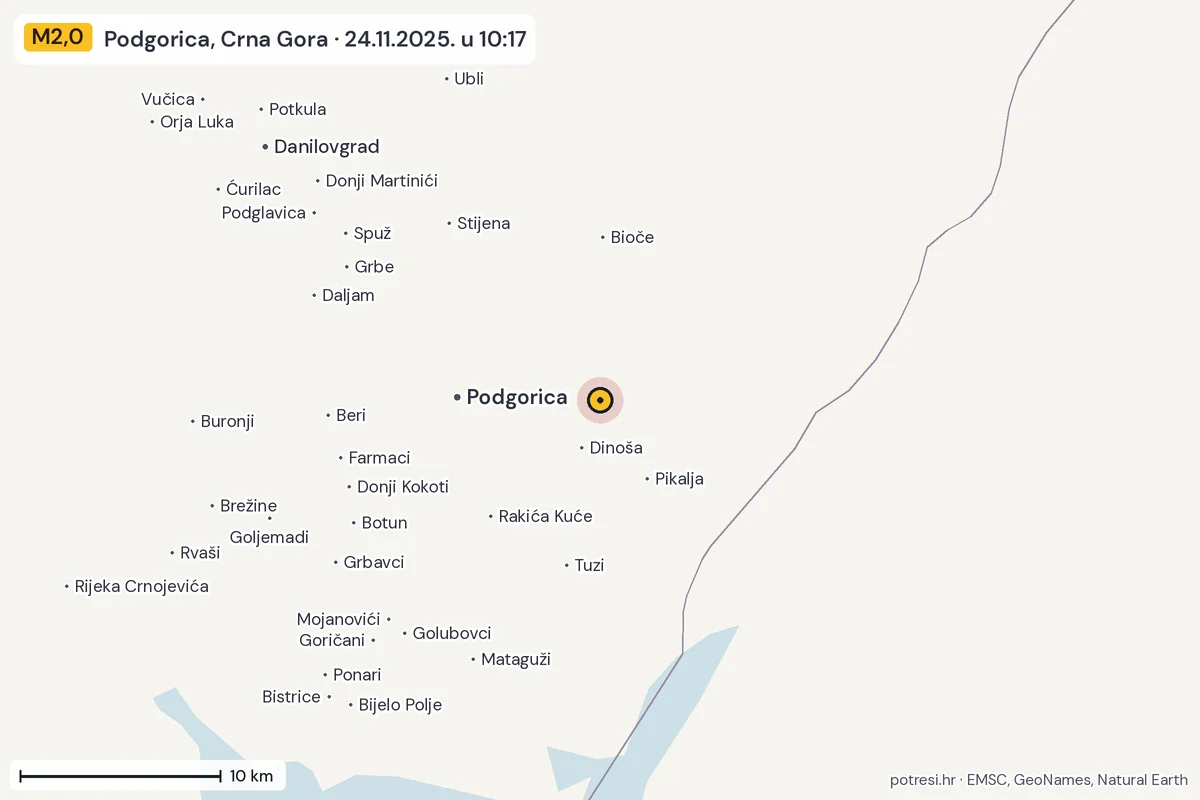 Karta: okolica epicentra, 60 km, potres M2,0, Podgorica, Crna Gora, 24.11.2025.