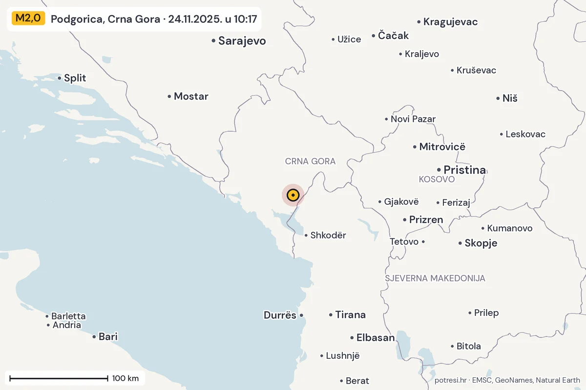 Karta: šire područje, 600 km, potres M2,0, Podgorica, Crna Gora, 24.11.2025.