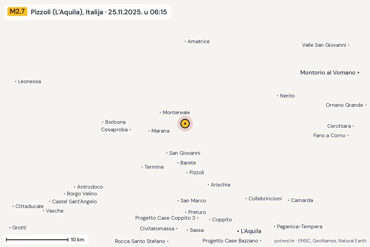 Karta: okolica epicentra, 60 km, potres M2,7, Pizzoli (L'Aquila), Italija, 25.11.2025.