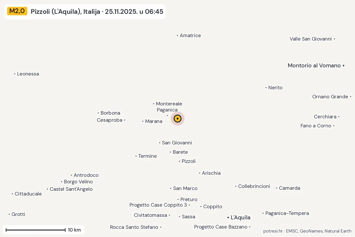 Karta: okolica epicentra, 60 km, potres M2,0, Pizzoli (L'Aquila), Italija, 25.11.2025.