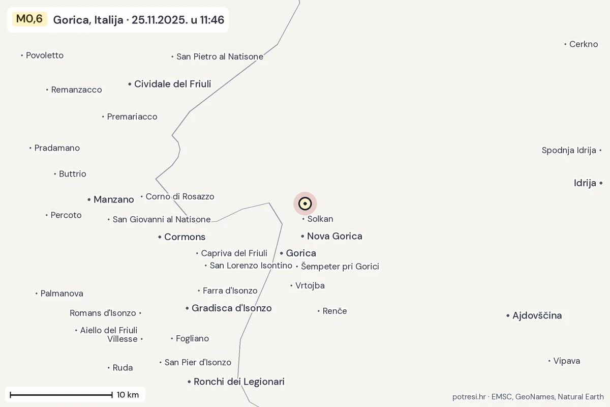 Karta: okolica epicentra, 60 km, potres M0,6, Gorica, Italija, 25.11.2025.