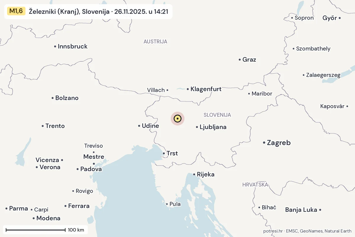 Karta: šire područje, 600 km, potres M1,6, Železniki (Kranj), Slovenija, 26.11.2025.