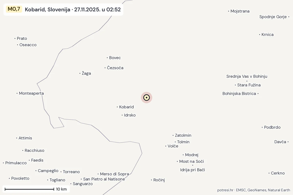 Karta: okolica epicentra, 60 km, potres M0,7, Kobarid, Slovenija, 27.11.2025.