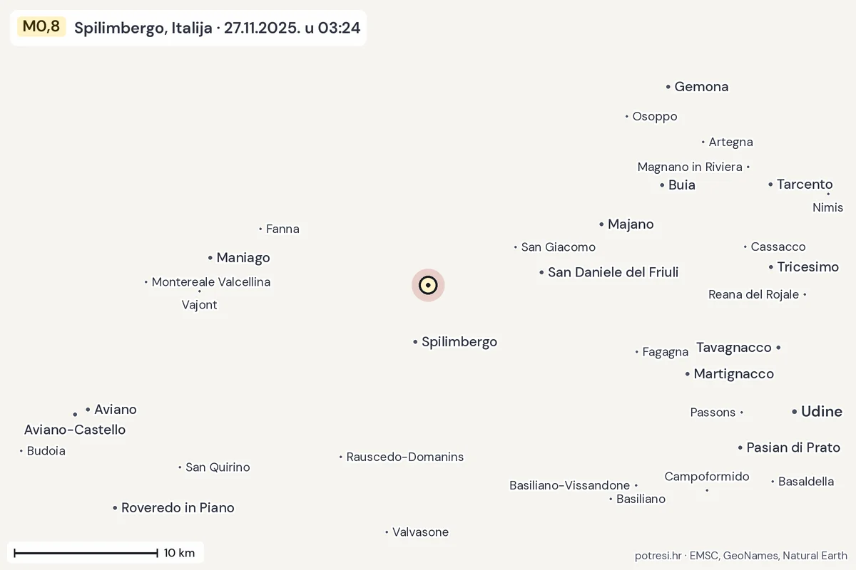 Karta: okolica epicentra, 60 km, potres M0,8, Spilimbergo, Italija, 27.11.2025.