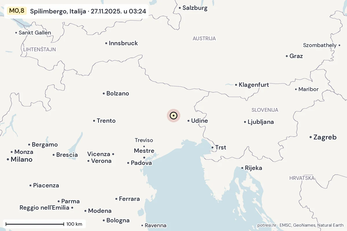 Karta: šire područje, 600 km, potres M0,8, Spilimbergo, Italija, 27.11.2025.
