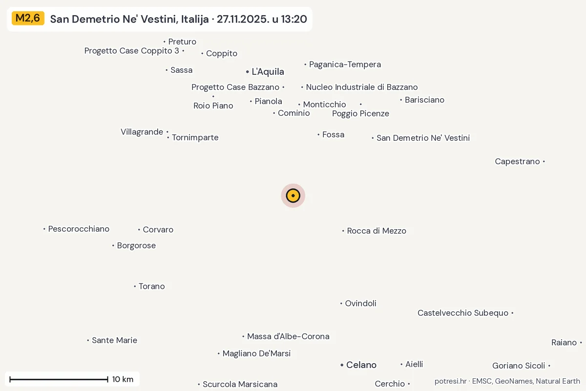 Karta: okolica epicentra, 60 km, potres M2,6, San Demetrio Ne' Vestini, Italija, 27.11.2025.