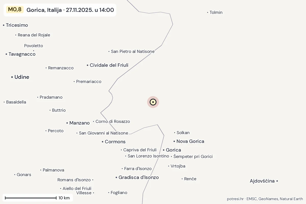 Karta: okolica epicentra, 60 km, potres M0,8, Gorica, Italija, 27.11.2025.