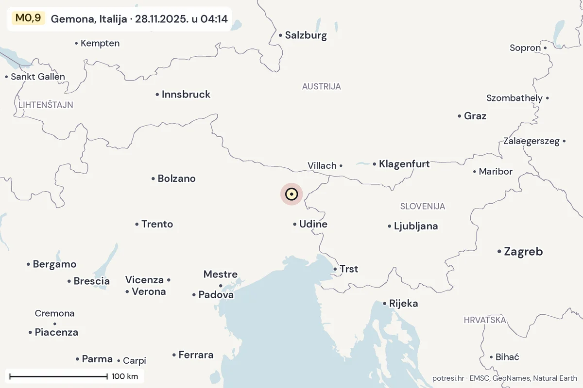 Karta: šire područje, 600 km, potres M0,9, Gemona, Italija, 28.11.2025.