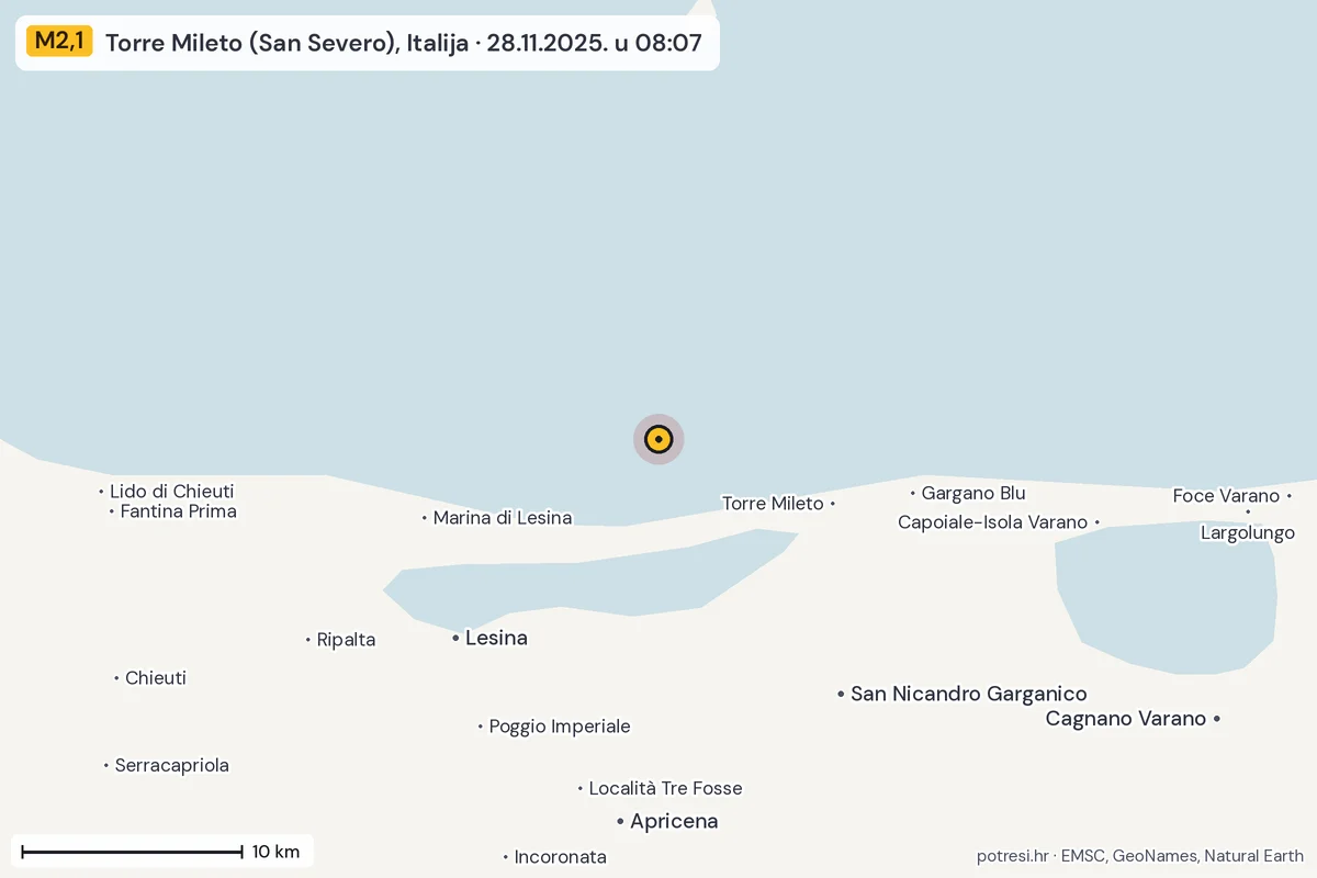 Karta: okolica epicentra, 60 km, potres M2,1, Torre Mileto (San Severo), Italija, 28.11.2025.