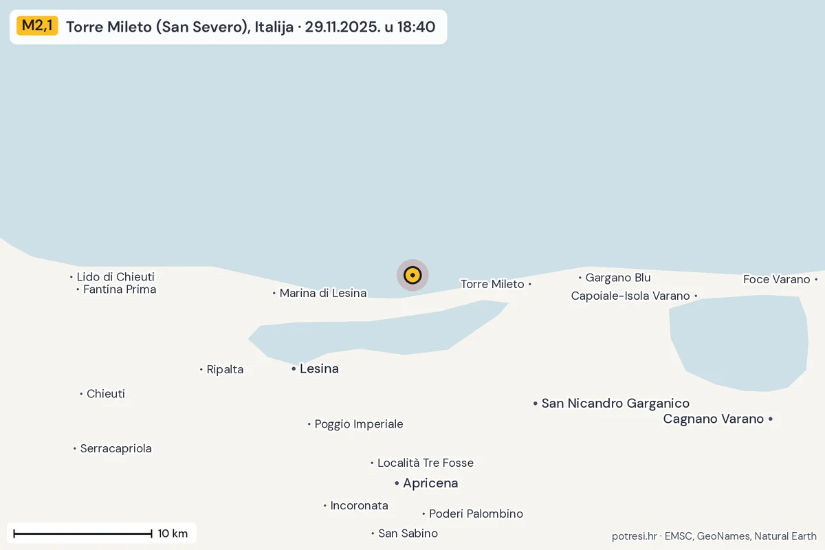 Karta: okolica epicentra, 60 km, potres M2,1, Torre Mileto (San Severo), Italija, 29.11.2025.