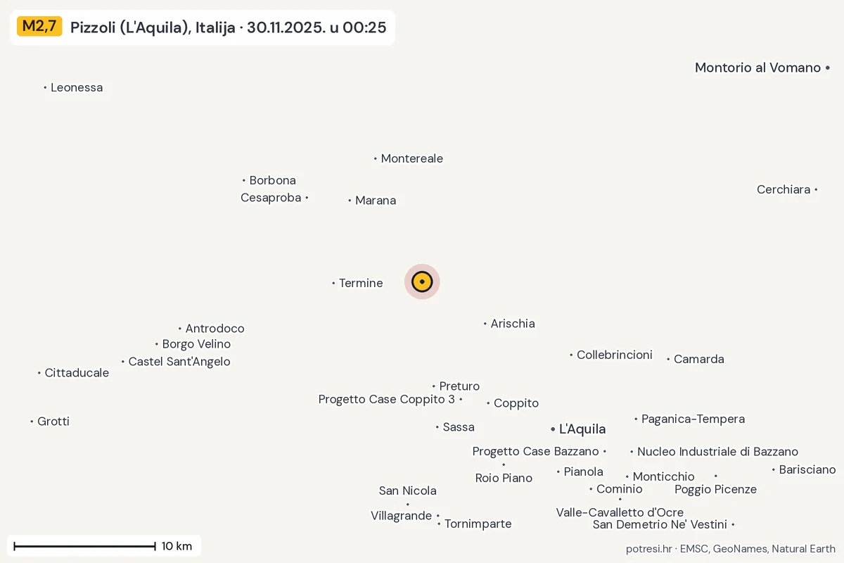 Karta: okolica epicentra, 60 km, potres M2,7, Pizzoli (L'Aquila), Italija, 30.11.2025.