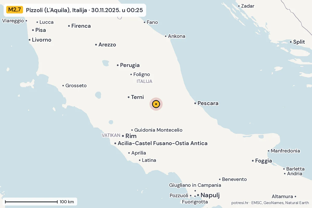 Karta: šire područje, 600 km, potres M2,7, Pizzoli (L'Aquila), Italija, 30.11.2025.