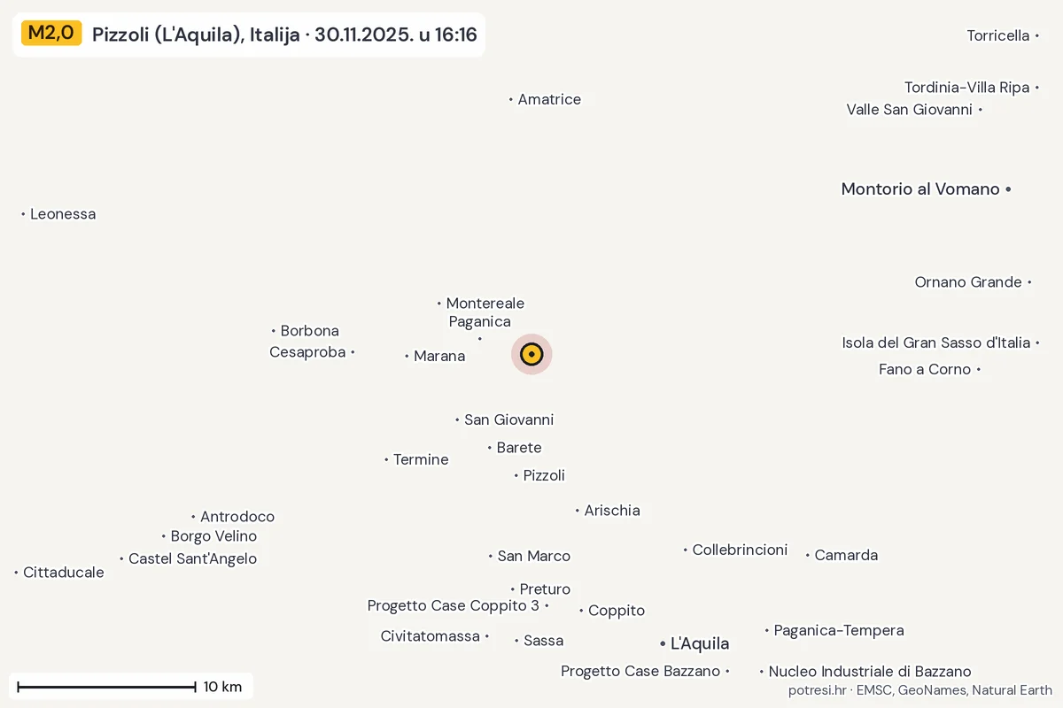 Karta: okolica epicentra, 60 km, potres M2,0, Pizzoli (L'Aquila), Italija, 30.11.2025.