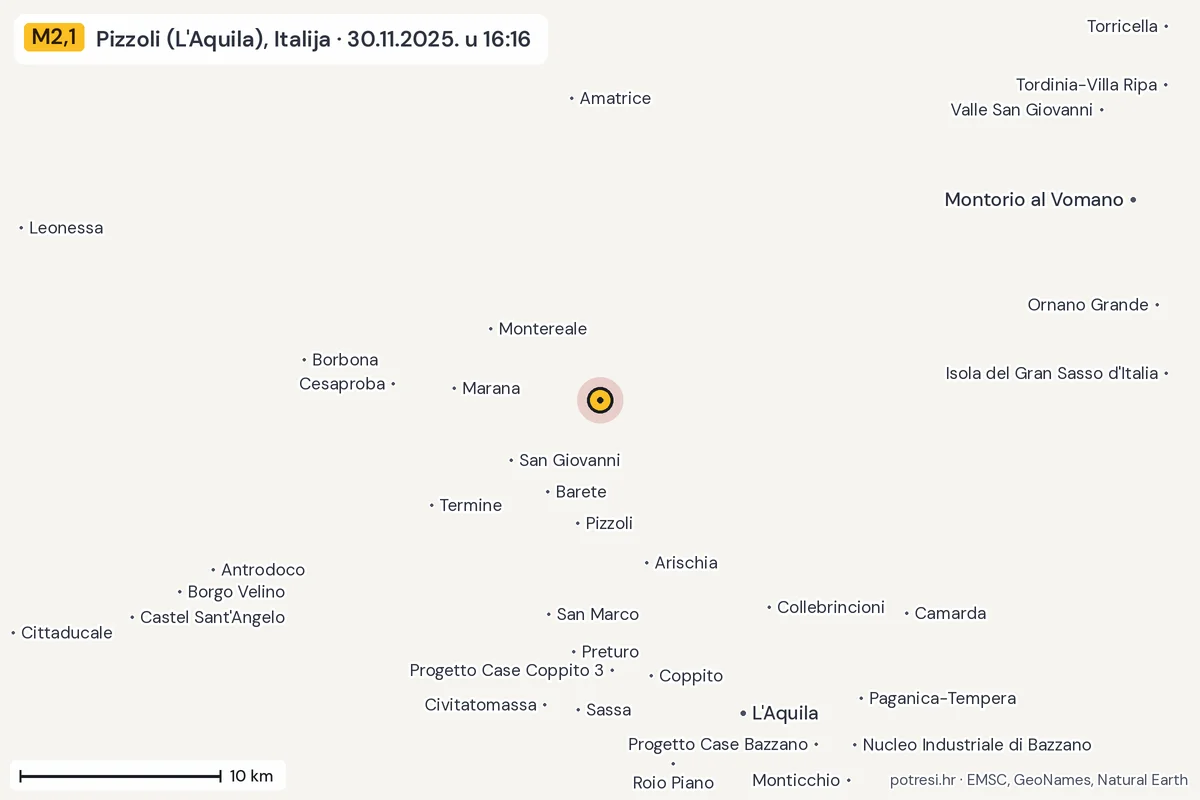 Karta: okolica epicentra, 60 km, potres M2,1, Pizzoli (L'Aquila), Italija, 30.11.2025.