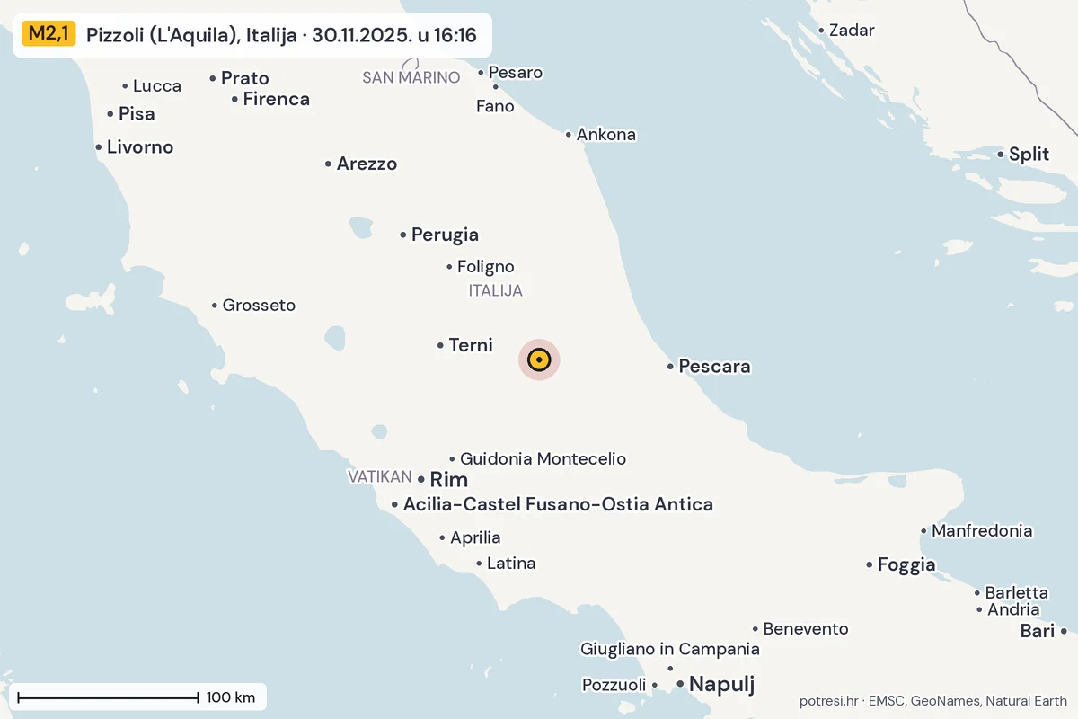 Karta: šire područje, 600 km, potres M2,1, Pizzoli (L'Aquila), Italija, 30.11.2025.