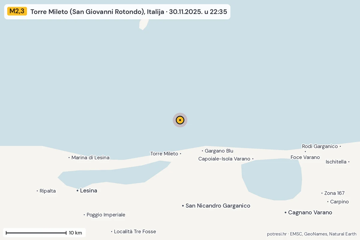 Karta: okolica epicentra, 60 km, potres M2,3, Torre Mileto (San Giovanni Rotondo), Italija, 30.11.2025.
