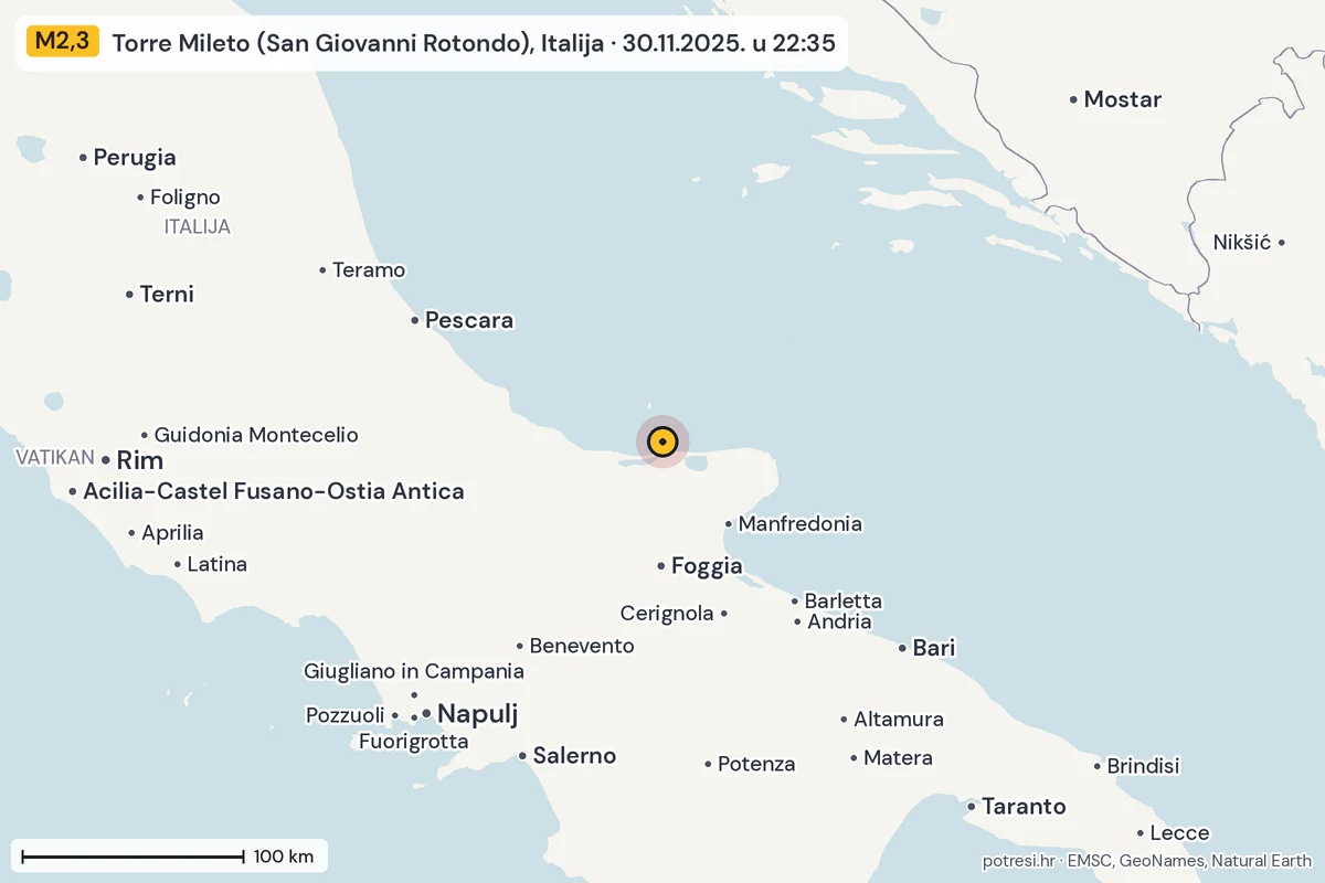 Karta: šire područje, 600 km, potres M2,3, Torre Mileto (San Giovanni Rotondo), Italija, 30.11.2025.