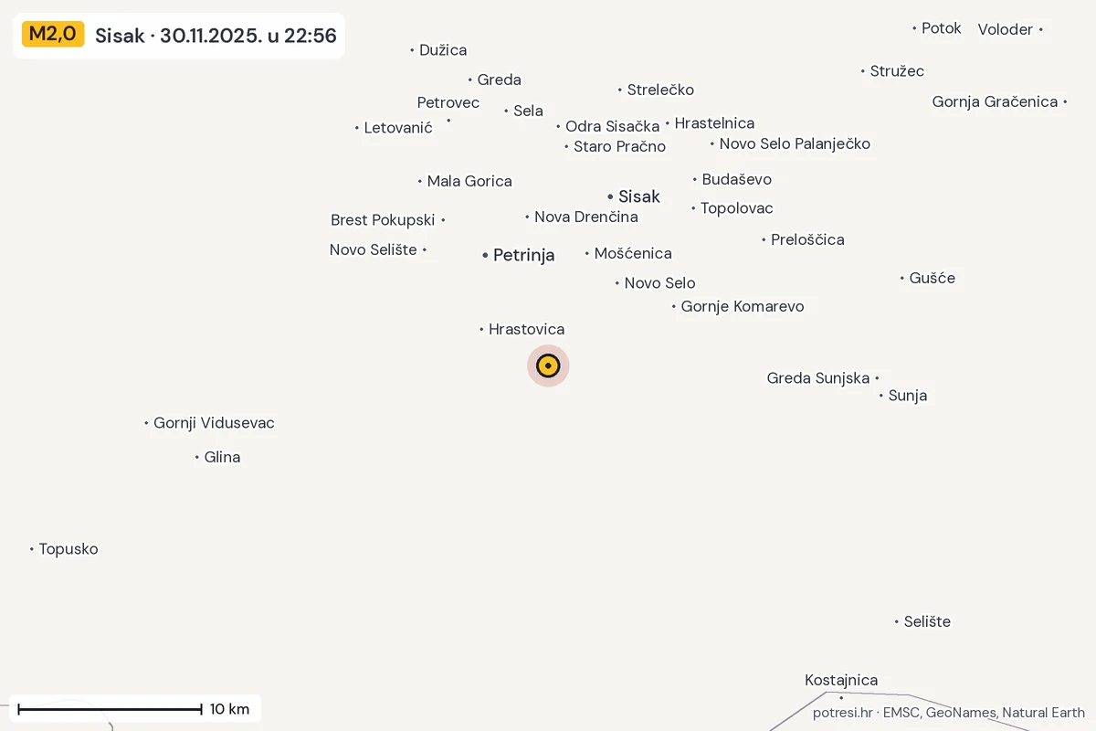 Karta: okolica epicentra, 60 km, potres M2,0, Sisak, 30.11.2025.