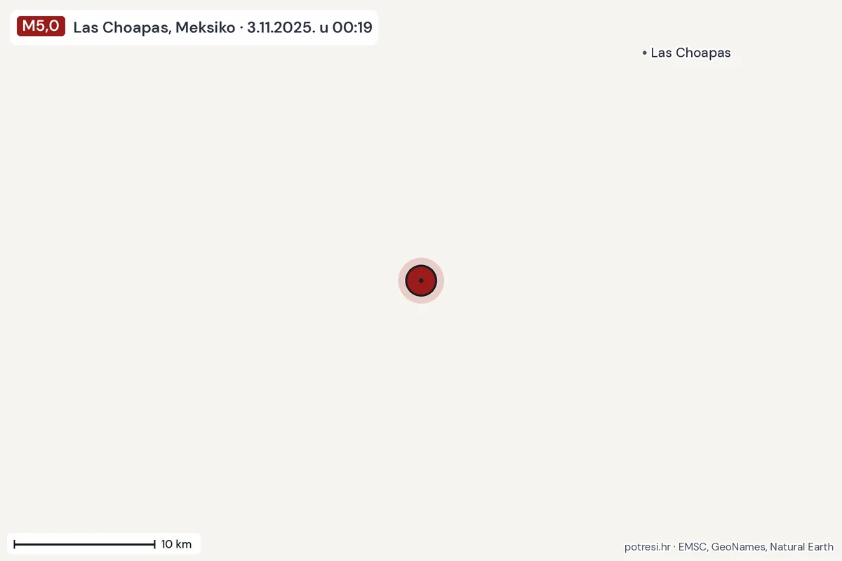 Karta: okolica epicentra, 60 km, potres M5,0, Las Choapas, Meksiko, 3.11.2025.