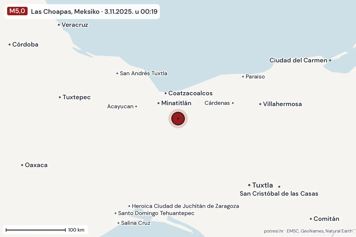 Karta: šire područje, 600 km, potres M5,0, Las Choapas, Meksiko, 3.11.2025.