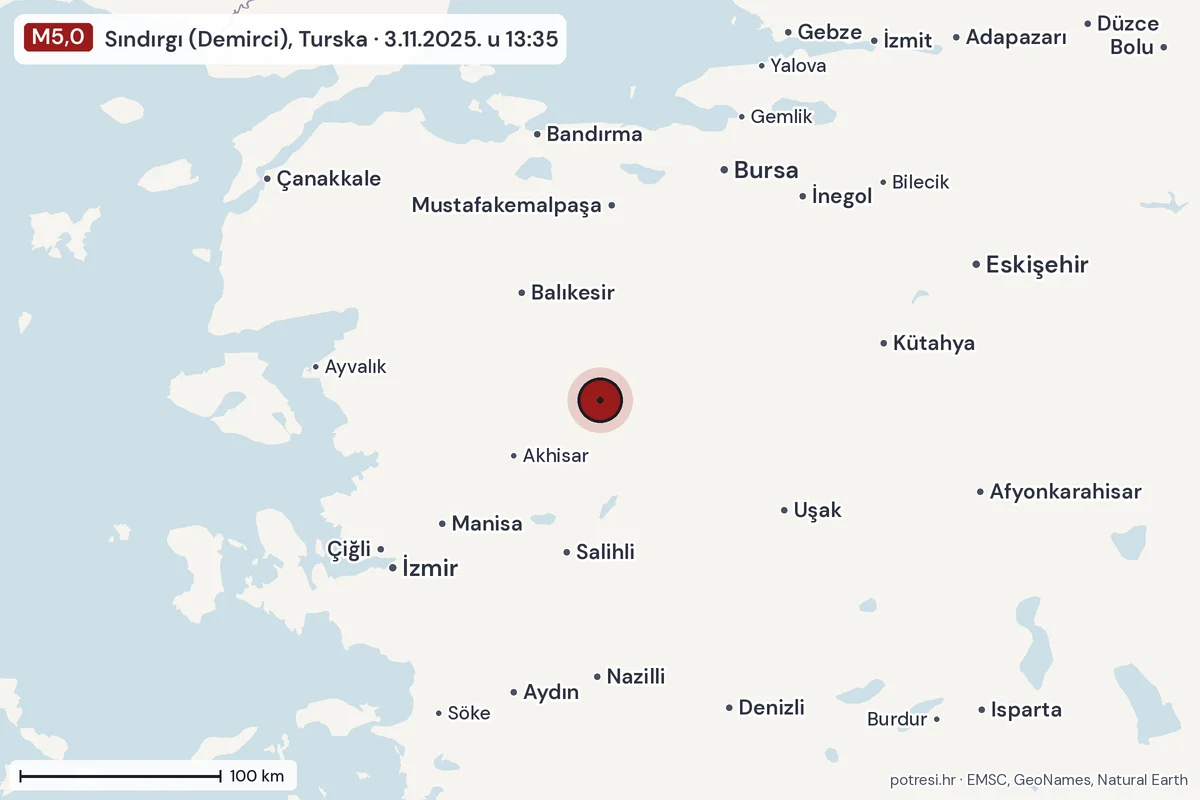 Karta: šire područje, 600 km, potres M5,0, Sındırgı (Demirci), Turska, 3.11.2025.