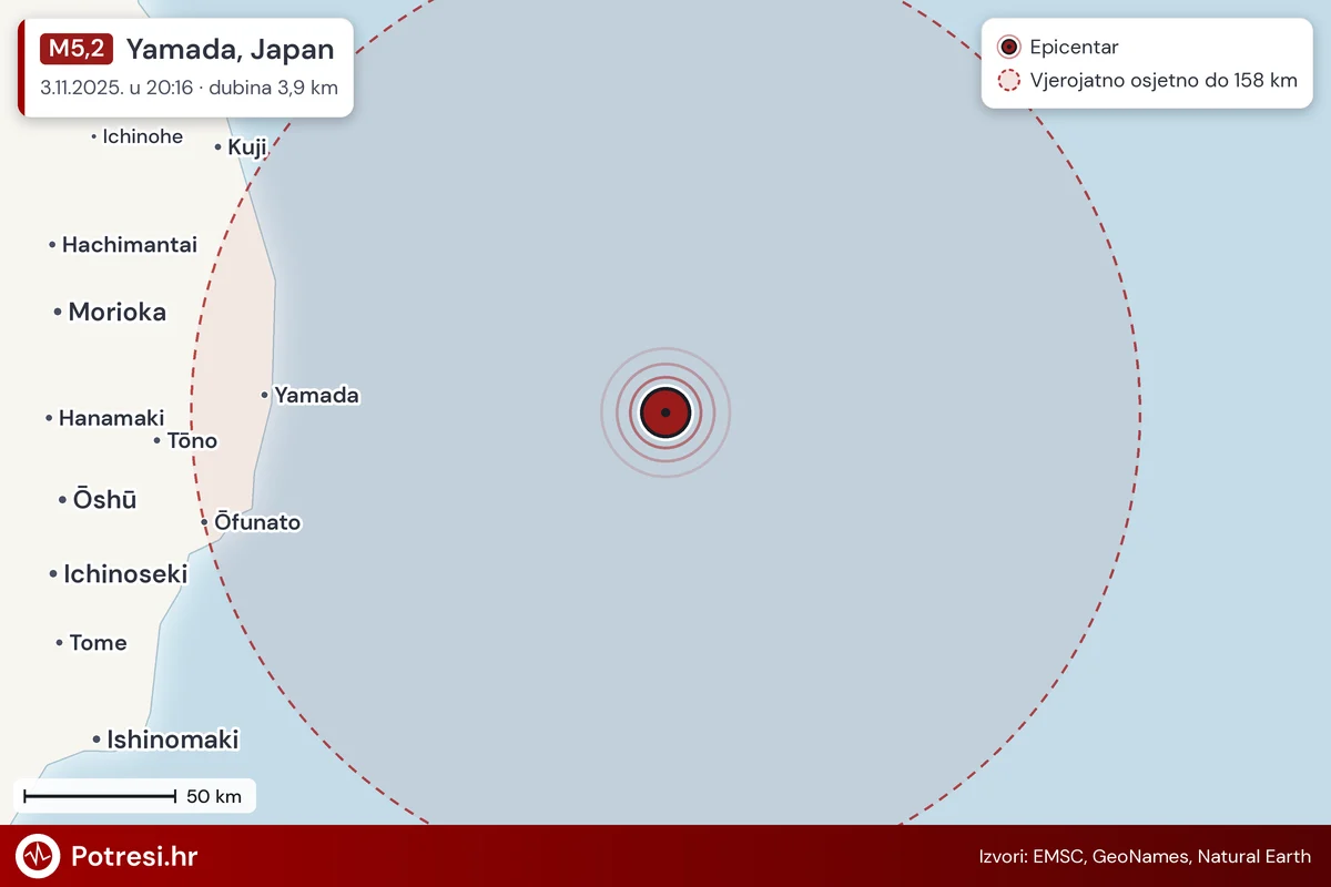 Karta: šire područje i vjerojatni doseg osjeta, potres M5,2, Yamada, Japan, 3.11.2025.