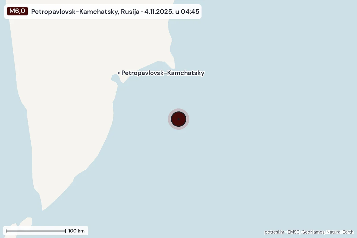 Karta: šire područje, 600 km, potres M6,0, Petropavlovsk-Kamchatsky, Rusija, 4.11.2025.