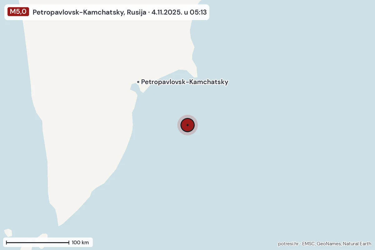 Karta: šire područje, 600 km, potres M5,0, Petropavlovsk-Kamchatsky, Rusija, 4.11.2025.