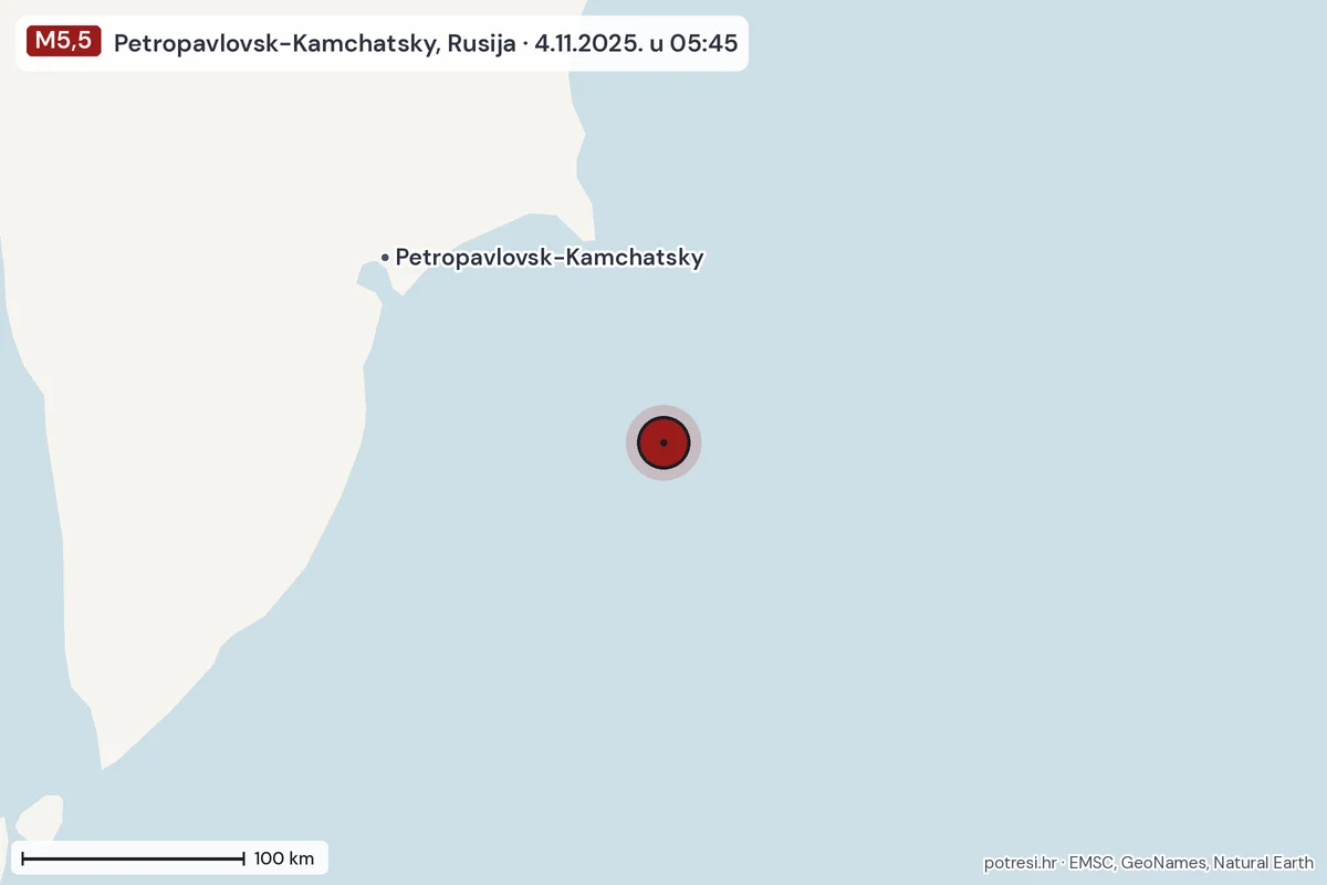 Karta: šire područje, 600 km, potres M5,5, Petropavlovsk-Kamchatsky, Rusija, 4.11.2025.