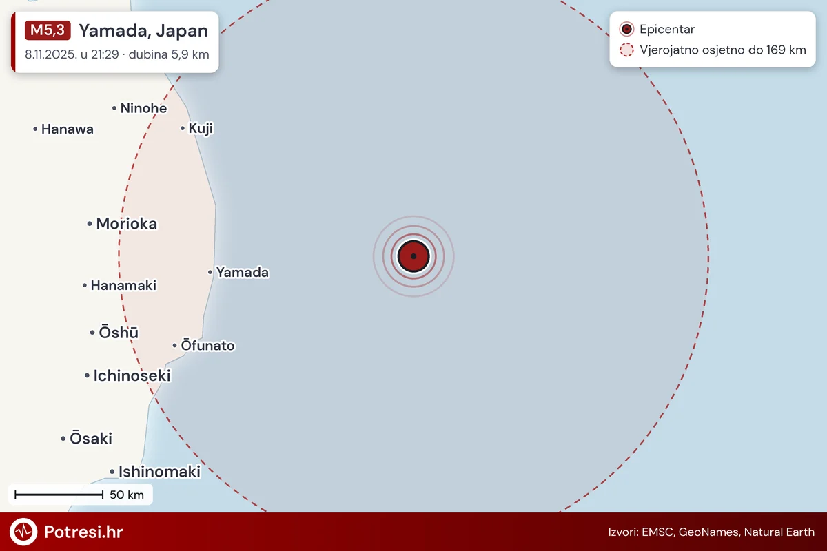 Karta: šire područje i vjerojatni doseg osjeta, potres M5,3, Yamada, Japan, 8.11.2025.