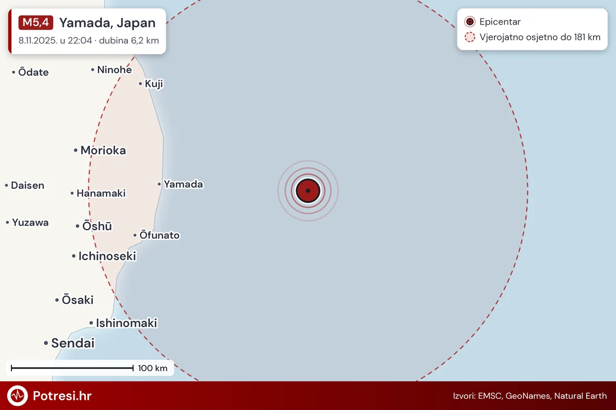 Karta: šire područje i vjerojatni doseg osjeta, potres M5,4, Yamada, Japan, 8.11.2025.