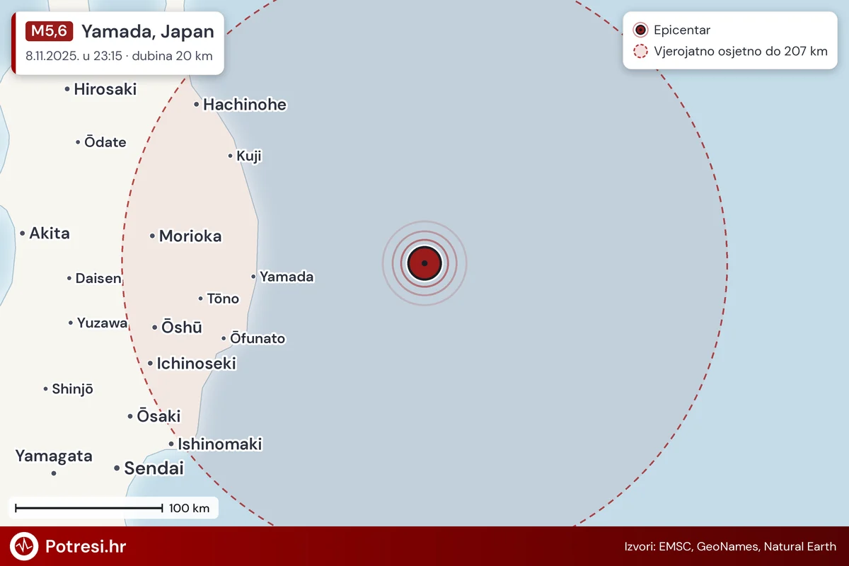 Karta: šire područje i vjerojatni doseg osjeta, potres M5,6, Yamada, Japan, 8.11.2025.