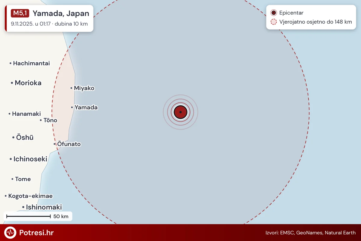 Karta: šire područje i vjerojatni doseg osjeta, potres M5,1, Yamada, Japan, 9.11.2025.
