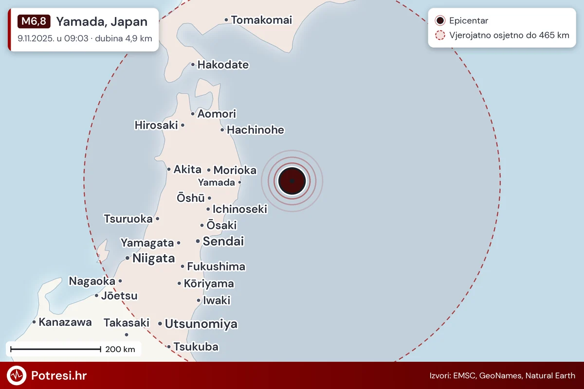 Karta: šire područje i vjerojatni doseg osjeta, potres M6,8, Yamada, Japan, 9.11.2025.