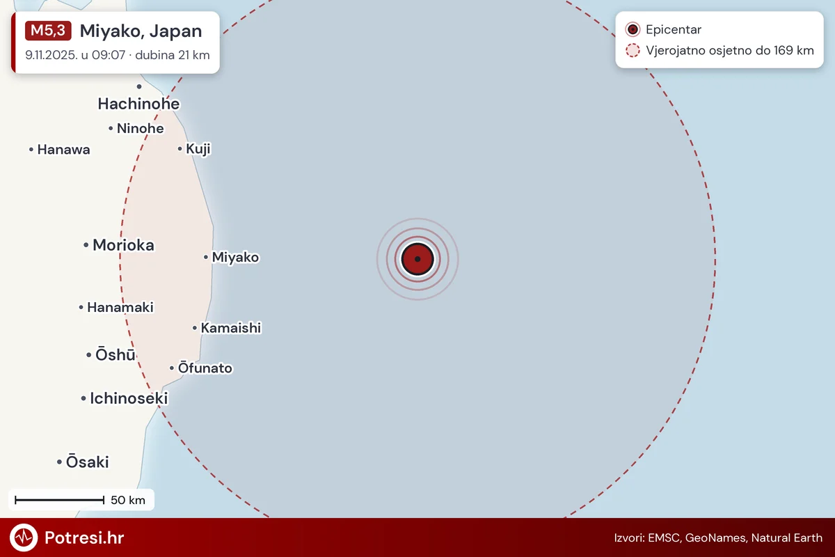 Karta: šire područje i vjerojatni doseg osjeta, potres M5,3, Miyako, Japan, 9.11.2025.
