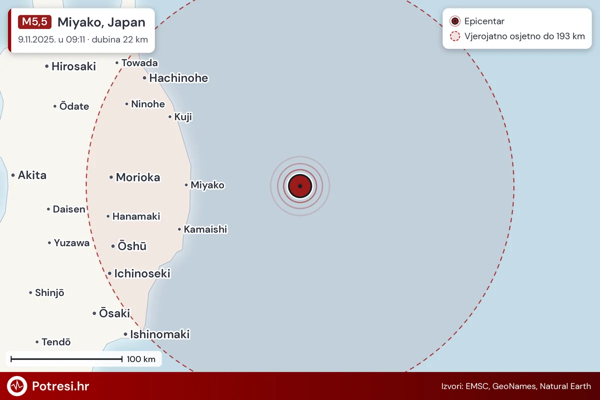 Karta: šire područje i vjerojatni doseg osjeta, potres M5,5, Miyako, Japan, 9.11.2025.