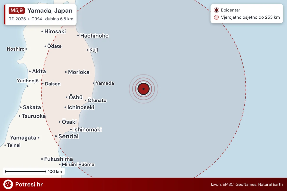 Karta: šire područje i vjerojatni doseg osjeta, potres M5,9, Yamada, Japan, 9.11.2025.