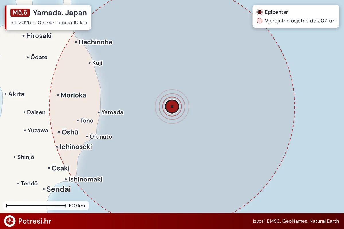 Karta: šire područje i vjerojatni doseg osjeta, potres M5,6, Yamada, Japan, 9.11.2025.