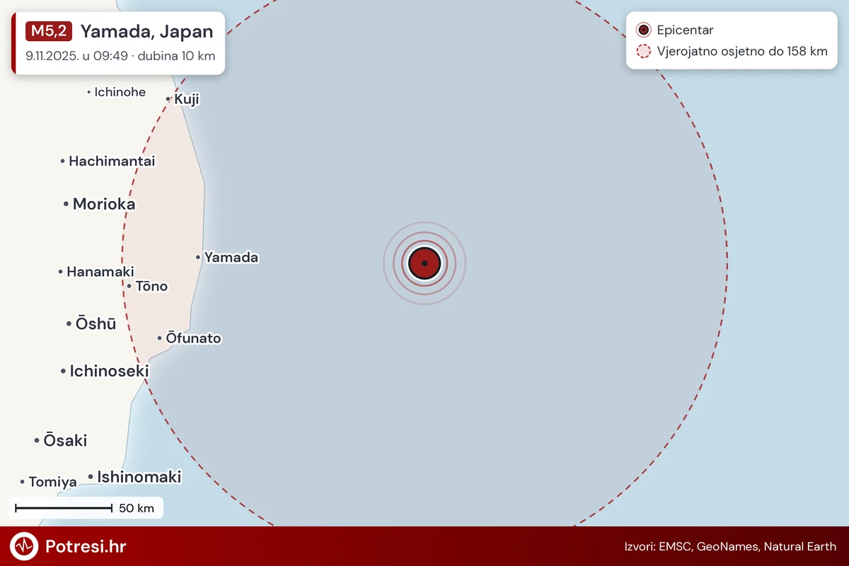 Karta: šire područje i vjerojatni doseg osjeta, potres M5,2, Yamada, Japan, 9.11.2025.